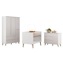 Quarto de Bebê Guarda Roupa e Cômoda Linne com Berço Americano Aurora P14 Branco - Mpozenato