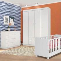 Quarto de Bebe Infantil Elisa com Guarda Roupa 4 Portas, Cômoda 1 Porta e Berço 2 em 1 Branco - Phoenix Baby