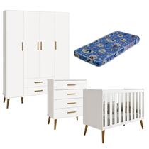 Quarto de Bebê Isis 4 Portas com Gaveteiro Branco Acetinado com Colchão Ortobom - Reller Quarto de Bebê Isis 4 Portas com Gaveteiro Branco Acetinado com Colchão Ortobom - Reller