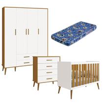 Quarto de Bebê Isis 4 Portas com Gaveteiro Branco Acetinado Savana com Colchão Ortobom - Reller Quarto de Bebê Isis 4 Portas com Gaveteiro Branco Acetinado Savana com Colchão Ortobom - Reller