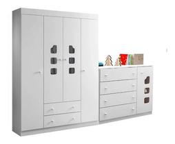 Quarto de Bebe Lívia com Guarda Roupa 4 Portas Cômoda 1 Porta e 4 Gavetas