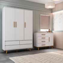 Quarto de Bebê Ludmila Guarda Roupa 3 Porta com Gavetas Lorena Cômoda Infantil 4 Gavetas com Porta Branco Carolina Baby