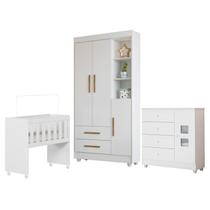 Quarto de Bebê Mini Berço com Colchão, Cômoda 1 Porta 4 Gavetas e Roupeiro Flocos 3 Portas 2 Gavetas Branco