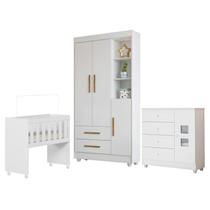 Quarto de Bebê Mini Berço com Colchão, Cômoda 1 Porta 4 Gavetas e Roupeiro Flocos 3 Portas 2 Gavetas