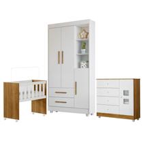 Quarto de Bebê Mini Berço, Cômoda 1 Porta 4 Gavetas e Roupeiro Flocos 3 Portas 2 Gavetas