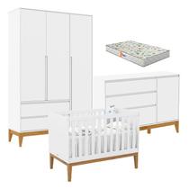 Quarto de Bebê Nature Clean 3 Portas com Berço Unique Branco Soft Eco Wood e Colchão Gazin Matic