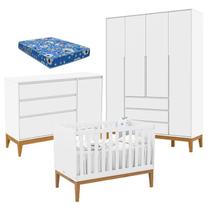 Quarto de Bebê Nature Clean 4 Portas com Berço Unique Branco Soft Eco Wood e Colchão Ortobom Matic