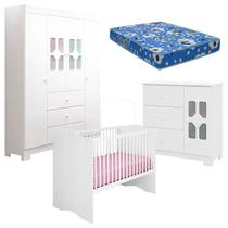 Quarto de Bebê New Cristal 4 Portas Berço Alegria Branco Brilho com Colchão Ortobom 130x70 cm Canaã