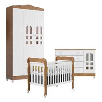 Quarto de Bebê New Selena 3 Portas com Berço Lila e Cômoda Gran Selena Branco Acetinado Amadeirado Carolina Móveis