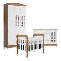 Quarto de Bebê New Selena 3 Portas com Berço Lila e Cômoda Gran Selena Branco Acetinado Amadeirado Carolina Móveis