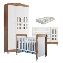Quarto de Bebê New Selena 3 Portas com Cômoda Gran Selena e Berço Mirelle Branco Acetinado Amadeirado e Colchão Gazin Carolina Móveis