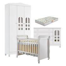Quarto de Bebê New Selena 3 Portas com Cômoda Gran Selena e Berço Mirelle Branco Brilho e Colchão Gazin Carolina Móveis
