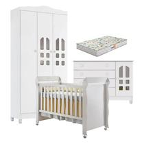 Quarto de Bebê New Selena 3 Portas com Cômoda Gran Selena e Berço Mirelle Branco Brilho e Colchão Gazin Carolina Móveis