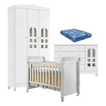 Quarto de Bebê New Selena 3 Portas com Cômoda Gran Selena e Berço Mirelle Branco Brilho e Colchão Ortobom Carolina Móveis
