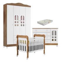 Quarto de Bebê New Selena 4 Portas com Berço Lila e Cômoda Gran Selena Branco Acetinado Amadeirado e Colchão Gazin Carolina Móveis