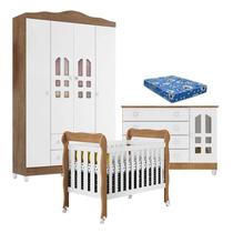 Quarto de Bebê New Selena 4 Portas com Berço Lila e Cômoda Gran Selena Branco Acetinado Amadeirado e Colchão Ortobom Carolina Móveis