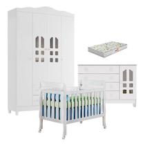 Quarto de Bebê New Selena 4 Portas com Berço Lila e Cômoda Gran Selena Branco Brilho e Colchão Gazin Carolina Móveis Quarto de Bebê New Selena 4 Portas com Berço Lila e Cômoda Gran Selena Branco Brilho e Colchão Gazin Carolina Móveis