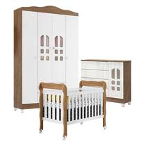 Quarto de Bebê New Selena 4 Portas com Berço Lila e Cômoda Selena Branco Acetinado Amadeirado Carolina Móveis