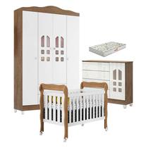 Quarto de Bebê New Selena 4 Portas com Berço Lila e Cômoda Selena Branco Acetinado Amadeirado e Colchão Gazin Carolina Móveis