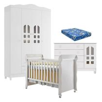 Quarto de Bebê New Selena 4 Portas com Cômoda Gran Selena e Berço Mirelle Branco Brilho e Colchão Ortobom Carolina Móveis Quarto de Bebê New Selena 4 Portas com Cômoda Gran Selena e Berço Mirelle Branco Brilho e Colchão Ortobom Carolina Móveis
