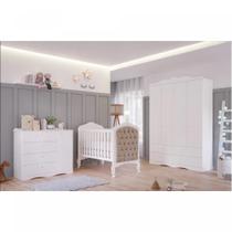 Quarto de Bebê Provençal Berço Capitonê Cômoda 4 Gavetas Guarda Roupa 4 Portas 4 Gavetas Prateleira Aquarela Espresso Móveis Branco