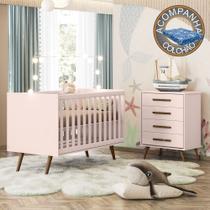 Quarto de Bebê Qencanto Retrô com Cômoda 4335 e Berço 3820 Qmovi Rosa Acetinado + Colchão Ortobom