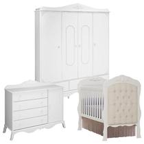 Quarto de Bebê Realeza 4 Portas Cômoda 1 Porta Berço com Capitonê Branco Acetinado Canaã - Canaa Baby