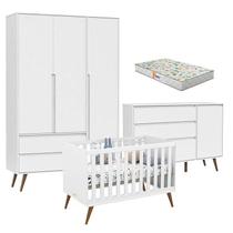 Quarto de Bebê Retrô Clean 3 Portas com Berço Retrô Gold Branco Soft Eco Wood com Colchão Gazin - Matic - Matic Moveis