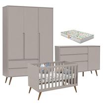 Quarto de Bebê Retrô Clean 3 Portas com Berço Retrô Gold Cinza Soft Eco Wood com Colchão Gazin - Matic