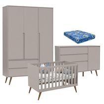 Quarto de Bebê Retrô Clean 3 Portas com Berço Retrô Gold Cinza Soft Eco Wood com Colchão Ortobom - Matic