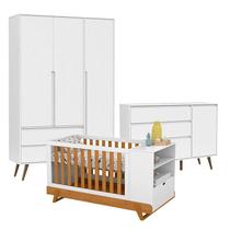 Quarto de Bebê Retro Clean 3 Portas Cômoda com Porta com Berço Multifuncional Bkids Branco Freijó Eco Wood - Matic
