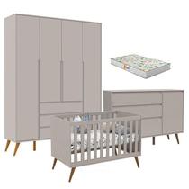 Quarto de Bebê Retrô Clean 4 Portas com Berço Retrô Gold Cinza Soft Eco Wood com Colchão Gazin - Matic