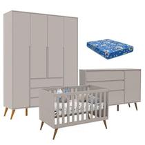 Quarto de Bebê Retrô Clean 4 Portas com Berço Retrô Gold Cinza Soft Eco Wood com Colchão Ortobom - Matic