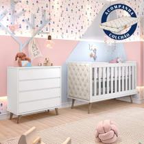 Quarto de Bebê Retrô Cômoda 4 Gavetas Berço Mini Cama com Colchão Lorena Branco Carolina Baby