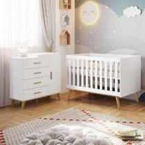 Quarto de Bebê Retrô Cômoda 4 Gavetas com Porta Berço 3 em 1 Ludmila Branco Fosco Carolina Baby