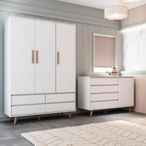 Quarto de Bebê Retrô Cômoda Infantil Gran Lorena com Porta Guarda Roupa 3 Portas Branco Carolina Baby