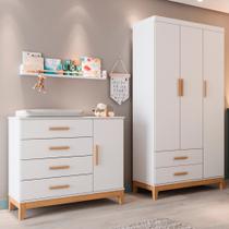 Quarto de Bebê Retrô Guarda Roupa 3 Portas Cômoda 4 Gavetas com Porta Helen Branco Carolina Baby