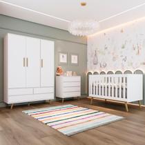 Quarto de Bebê Retrô Guarda Roupa 3 Portas Lorena Cômoda 4 Gavetas Berço 3 em 1 Branco Carolina Baby