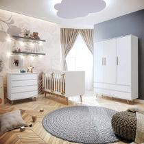 Quarto de Bebê Retrô Guarda Roupa 3P Lorena Cômoda Lorena Berço 3 em 1 Ludmila Branco Carolina Baby