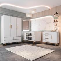 Quarto de Bebê Retrô Lorena Berço 3 em 1 Ludmila Guarda Roupa 3 Portas Cômoda Infantil com Porta Branco Carolina Baby