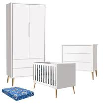 Quarto de Bebê Theo 2 Portas com Colchão e Cômoda Gaveteiro Branco Acetinado Pés Madeira Natural - Reller