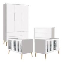 Quarto De Bebê Theo 3 Portas Com 02 Berços E Cômoda Gaveteiro Branco Acetinado Pés Madeira Natural - Reller Quarto De Bebê Theo 3 Portas Com 02 Berços E Cômoda Gaveteiro Branco Acetinado Pés Madeira Natural - Reller
