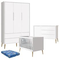 Quarto de Bebê Theo 3 Portas com Colchão e Cômoda Branco Acetinado Pés Madeira Natural - Reller Quarto de Bebê Theo 3 Portas com Colchão e Cômoda Branco Acetinado Pés Madeira Natural - Reller