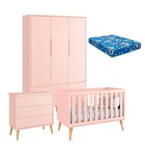 Quarto de Bebê Theo 3 Portas com Colchão e Cômoda Gaveteiro Rosa Pés Madeira Natural Reller Quarto de Bebê Theo 3 Portas com Colchão e Cômoda Gaveteiro Rosa Pés Madeira Natural Reller