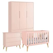 Quarto De Bebê Theo 3 Portas Cômoda Gaveteiro Rosa Com Pés Madeira Natural - Reller Quarto De Bebê Theo 3 Portas Cômoda Gaveteiro Rosa Com Pés Madeira Natural - Reller