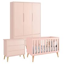 Quarto de Bebê Theo 3 Portas Cômoda Gaveteiro Rosa com Pés Madeira Natural Reller
