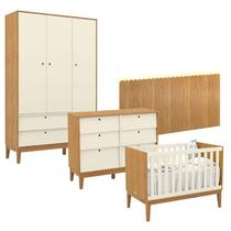 Quarto de Bebê Unique 3 Portas com Cômoda 6 Gavetas e Painel Farm com Led Freijó Off White Eco Wood - Matic Quarto de Bebê Unique 3 Portas com Cômoda 6 Gavetas e Painel Farm com Led Freijó Off White Eco Wood - Matic