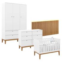 Quarto de Bebê Unique 3 Portas com Cômoda 6 Gavetas e Painel Ripado com Led Branco Soft Eco Wood - Matic - Matic Moveis