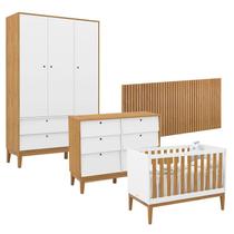Quarto de Bebê Unique 3 Portas com Cômoda 6 Gavetas e Painel Ripado com Led Branco Soft Freijó Eco Wood - Matic