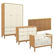 Quarto De Bebê Unique 3 Portas Com Cômoda 6 Gavetas E Painel Ripado Com Led Freijó Off White Eco Wood - Matic